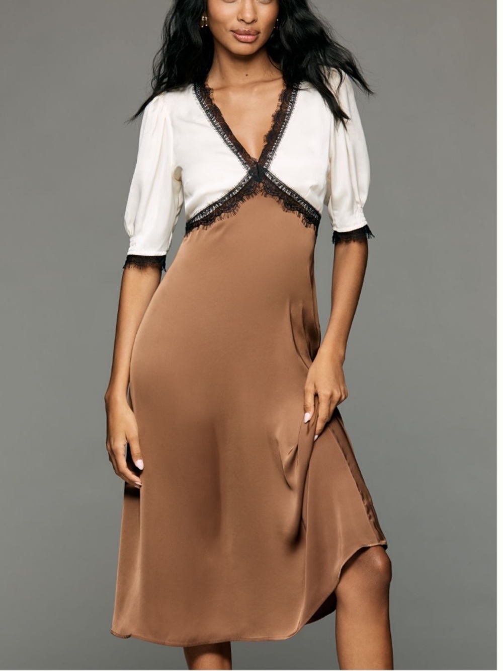Anthropologie Two-Tone Satin Midi Dress in Ivory and Brown with Black Lace Trim